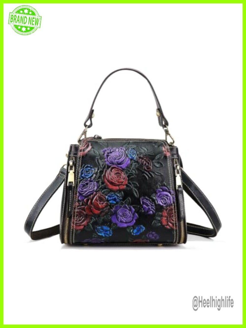 Genuine Leather Crossbody Satchel Handbag Embossed Rose Vintage Top Handle Bag